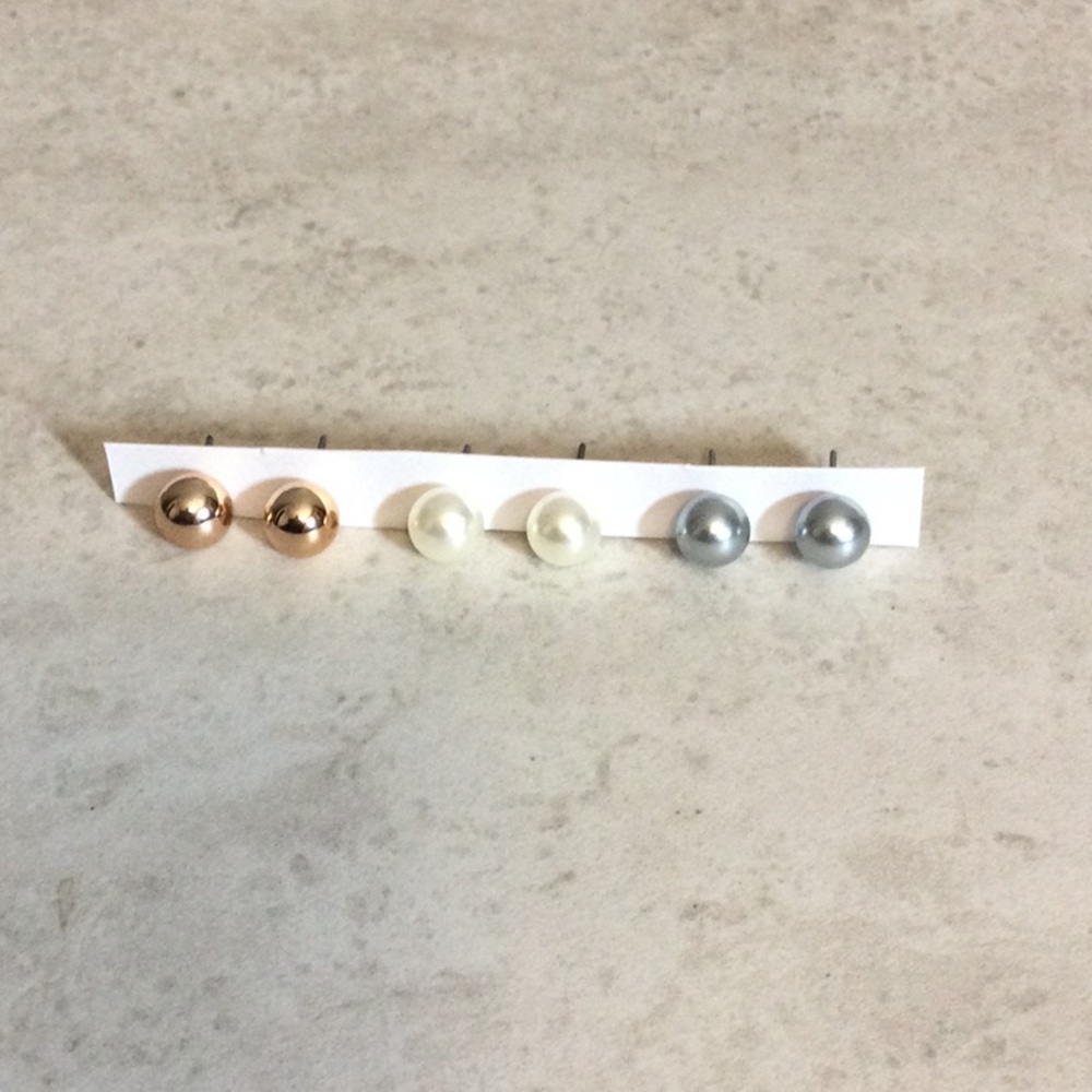 NWT Set of 3 Pairs of Ball Stud Earrings in Rose Gold, Pearl White, and Silver